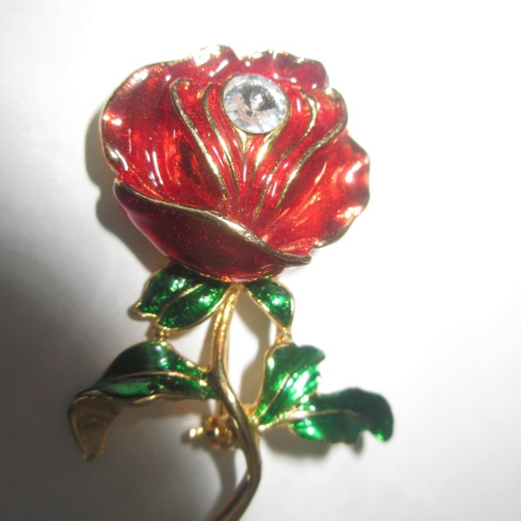 Vintage 1960-70`s brooch rose rhinestone red green - Picture 3 of 6